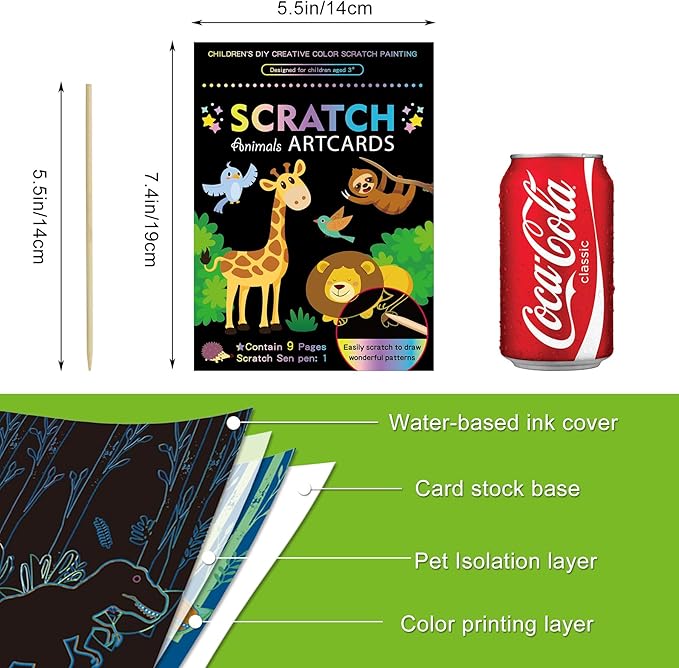 3 Set Magic Scratch Paper Art, Colorful Magic Drawing Art Book with 3 Scratch Pen for Birthday Halloween Christmas Party Games Projects Kits （Dinosaurs/Spaceman/Giraffe）