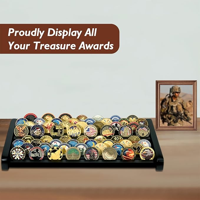 8 Rows Wooden Challenge Coin Display Holder for Countertop - 2 Tiers Military Coin Rack Stand Holds 60-70 Coins for Army Police Collectors, Black
