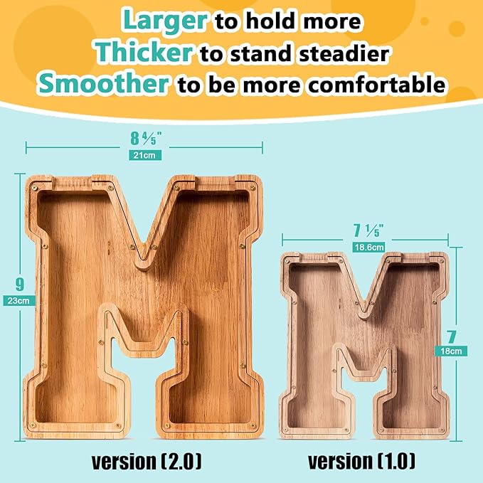 SummiDate Wooden Letter Piggy Bank| Piggy Bank for Boys Girls Toddler| Alphabet M Money Bank| Coin Bank Birthday Gift for Kids|Birthday Gift for Kids (M)