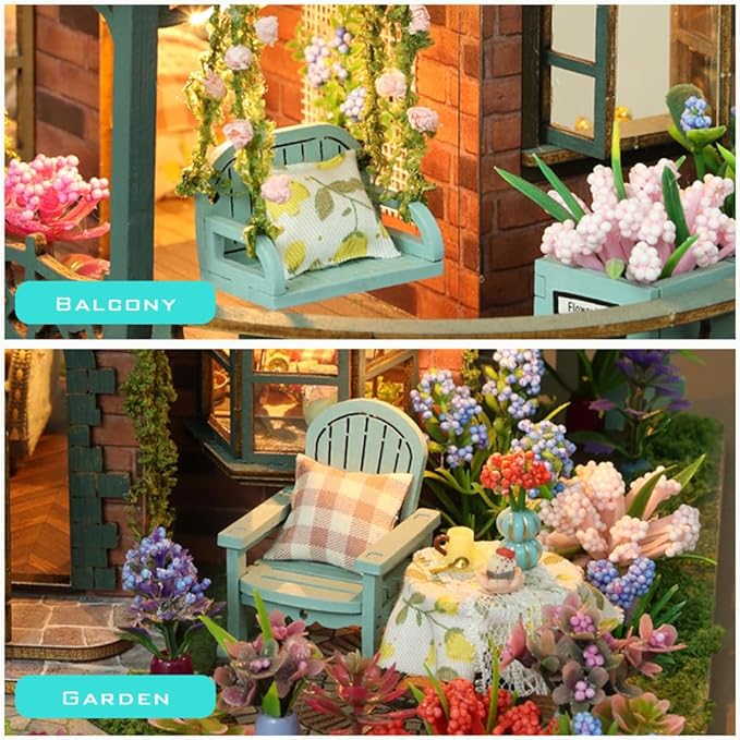 Yuzhen DIY Miniature Dollhouse with Furniture and LED Lights, Wooden Dollhouse Includes Dustcover and Music Movement