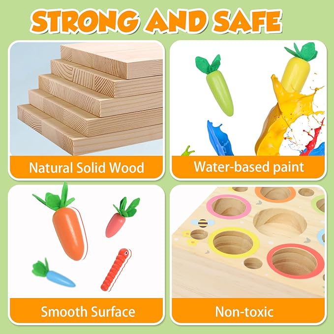 XPIY Montessori Toys for 1 Year Old, Carrots Harvest Wooden Baby Toys for 6-12 Months Educational Shape Sorting Matching Toys Fine Motor Skill, Gift for Kids Easter (Bug Catching Bouncing Carrot)