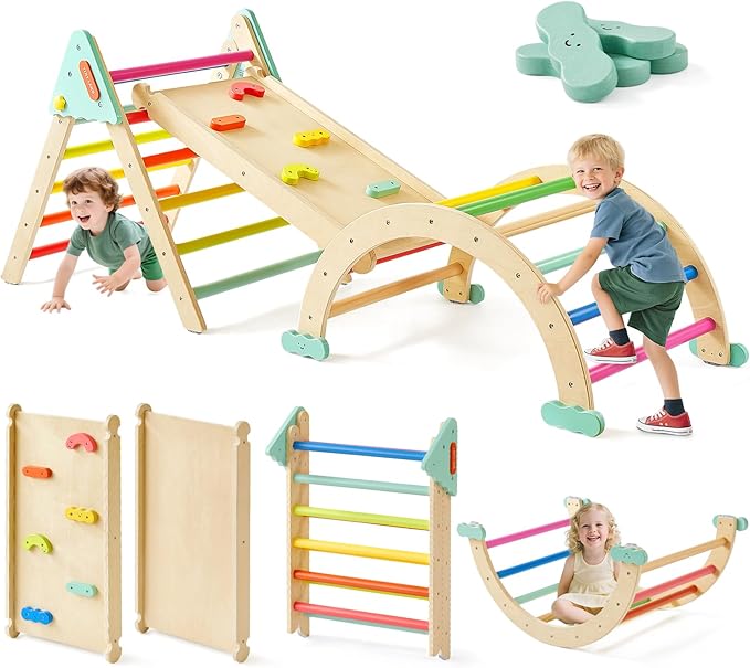 Tiny Land Pikler Triangle Set,7-in-1 Foldable Montessori Toddler Climbing Toys Indoor, Wooden Playground Jungle Gym for Kids, Climber Gift for Boys & Girls Toddler Climbing Toys (Rainbow)
