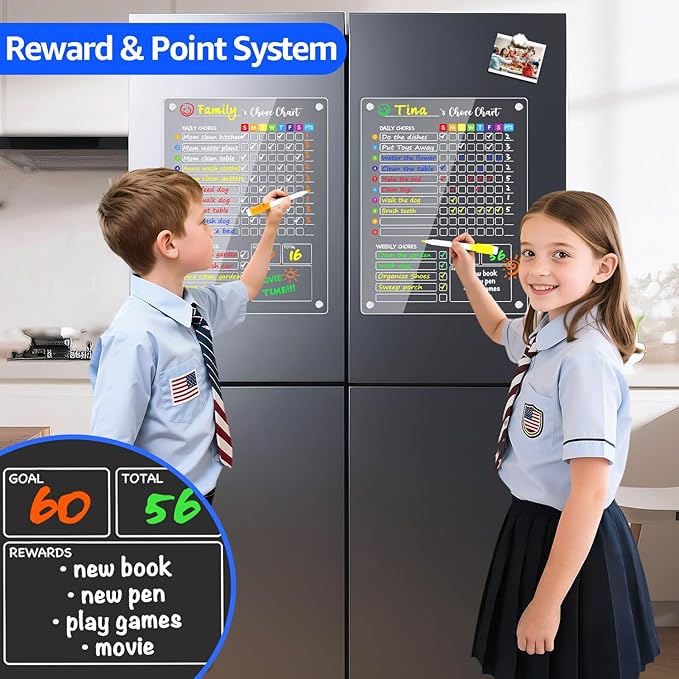 PigPotParty Acrylic Magnetic Chore Chart for Kids, 12"x16" Reward Responsibility Chart, Chores Checklist, 2 Weekly Dry Erase Fridge Board for Teens Adult Family Multiple Kids, w/ 12 Markers & Towel