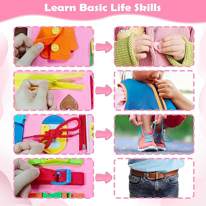 MAJAVI Busy Board Montessori Toys for 1 2 3 4 Year Old, Busy Book Sensory Toy for Toddlers Learning Fine Motor Skills, Educational Activities Airplane Car Travel Toy for Baby Boys Girls, Pink