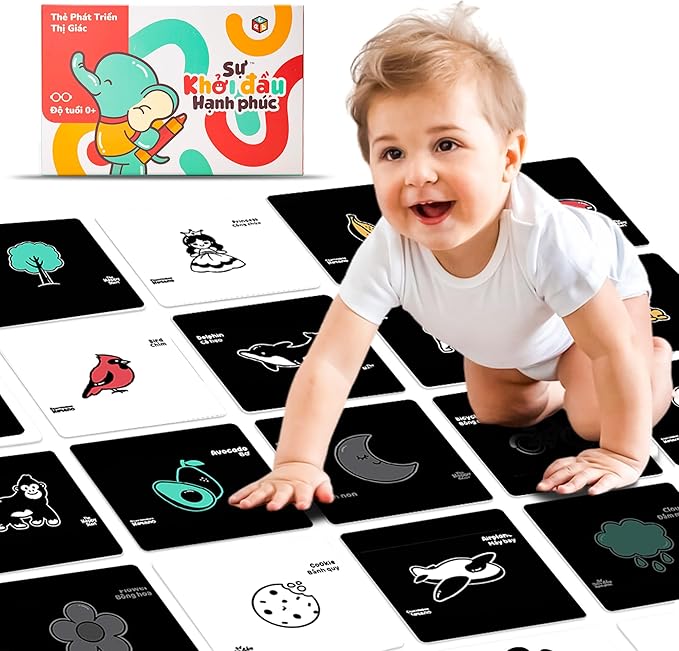 Happy Start High Contrast Baby Cards for Newborns - Black & White Cards, Water-Resistant, BPA-Free, Portable Educational Flashcards for Visual Stimulation, Award-Winning, Ages 0+(English & Vietnamese)