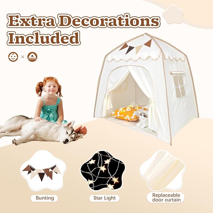 Toddler Bed Tent, Kids Play Tent with Flags, Star String, Portable Bed Canopy for Boys & Girls, Children, Indoor Outdoor Dome Playhouse, Cream, 51" x 39" x 51"