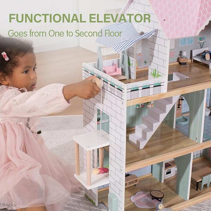 Giant bean Large Pink Wooden Dollhouse with Furniture for Girls with Doorbell, Light,Elevator, 6 Rooms 2.6ft High,15 Pcs Furniture & 3 Dolls, Kids Playhouse Toy for Girls 3-7+, 31.5" x 25" x 12.2"