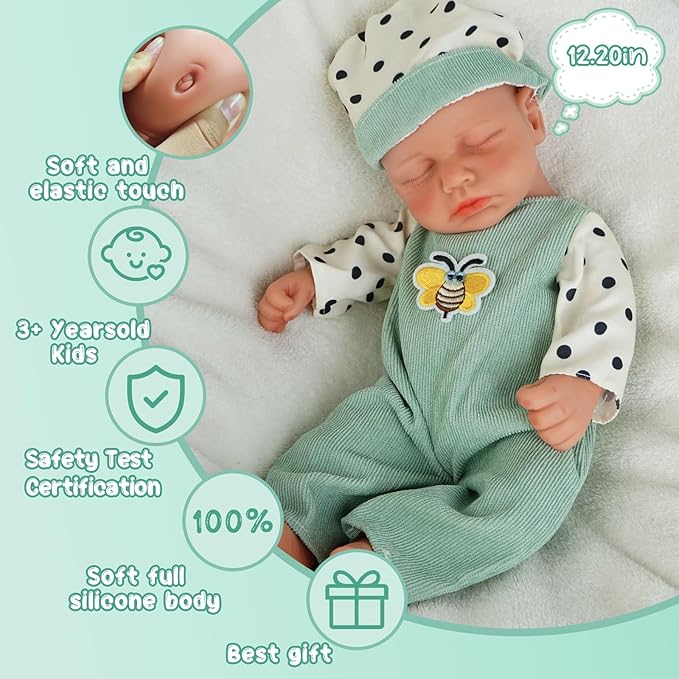 Boy 12.2 Inch, Full Silicone Baby Doll, Realistic Baby Dolls, Realistic Veins & Sleeping Pose, Not Vinyl, Reborn Baby Dolls Silicone Full Body, Gift Set
