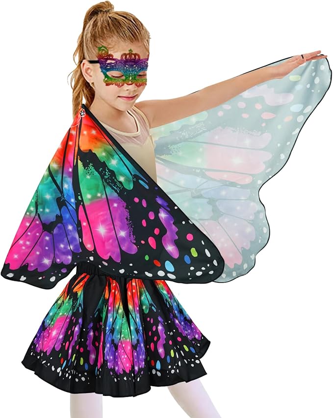 Butterfly Costume for Girls Fairy Wings Kids 4 Pcs(Cape,Skirts,Masks,Hair Clips) Butterfly Wings for Halloween Gifts