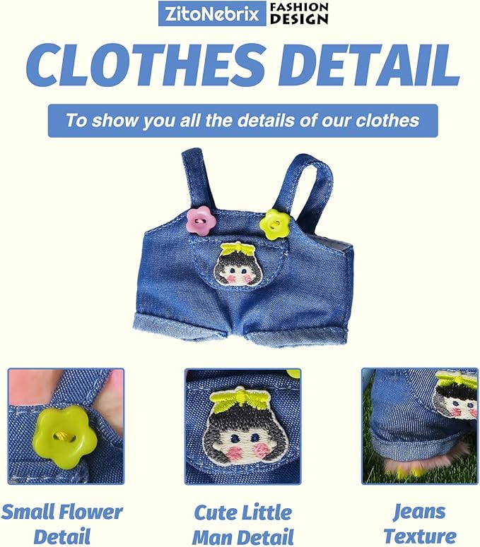 Cloth for Doll, 3-Piece Denim Overalls Set for 17cm &15cm(NO Doll) – Flower-Button Overalls + Carrot Hat + Pastel Blue Water Bottle-Handmade