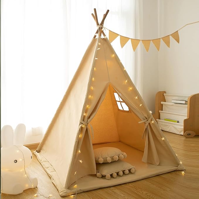 Teepee Tent for Kids-Portable Children Play Tent Indoor Outdoor (Apricot with Mat)