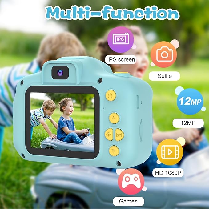 PROGRACE Kids Camera with 32GB SD Card, HD Digital Video Camera for Toddlers, IPS HD Screen, Birthday for Boys and Girls Ages 3-12 – Blue