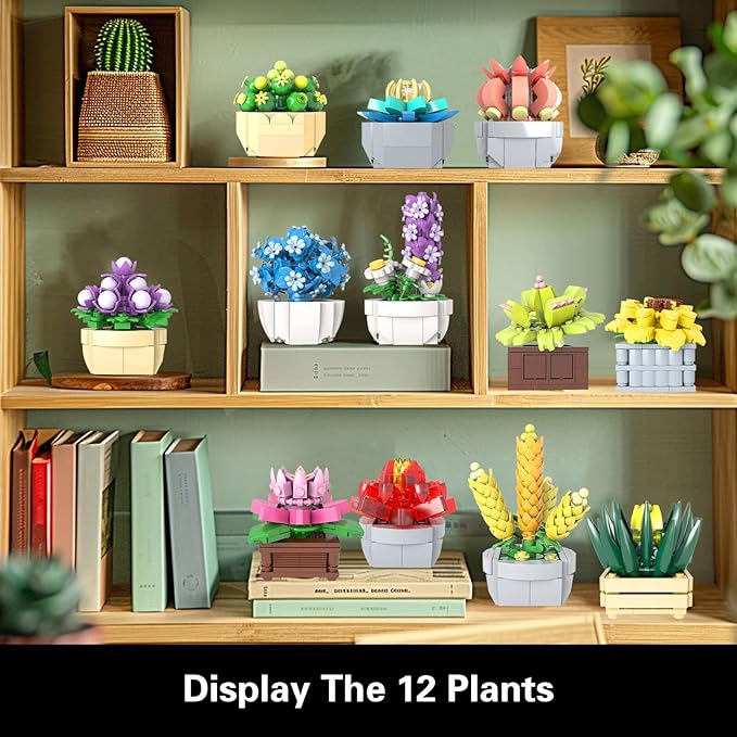 Succulents Set for Adults Building Sets, 12 Plants, Home Decor, Birthday Gifts for Women, Creative Housewarming Gifts, Botanical Collection, Flowers Succulents Artificial Plant Kit (1174 piece)