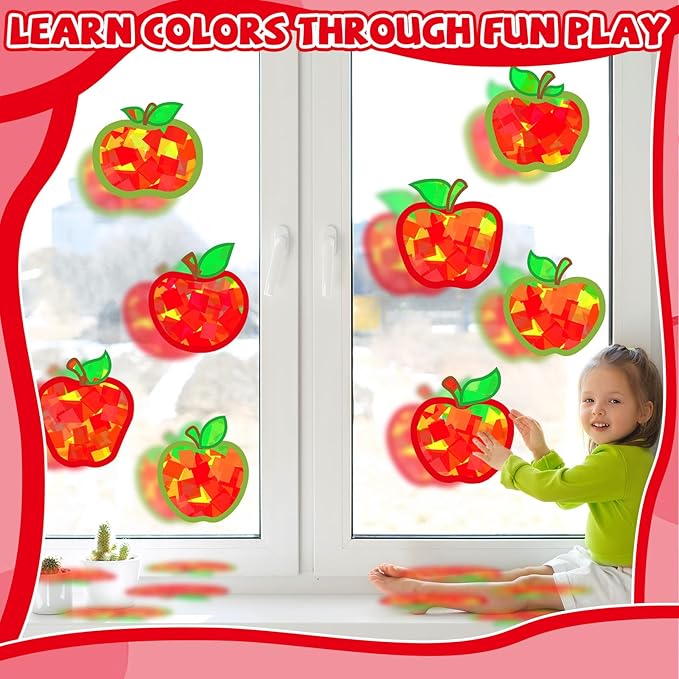 32 Sets Back to School Apple Suncatchers Craft Kit DIY Window Stained Glass Effect Colorful Apples Paper Crafts for Home School Classroom Decor Kid Birthday Gifts Creative Art Projects Activity Game