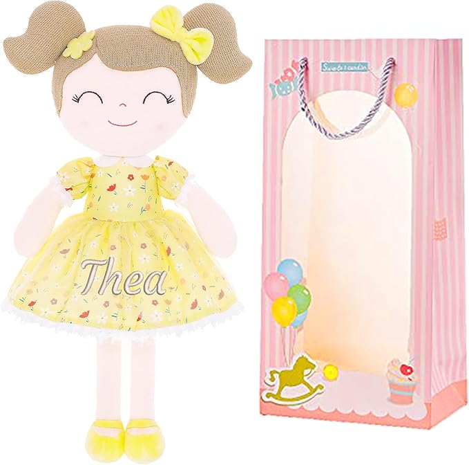 Gloveleya Personalized Doll with Embroidered Name - Floral Yellow Custom Plush Doll for Girls Cute Plush Doll Customized Gift - Muñecas de Trapo Personalizadas para Niñas
