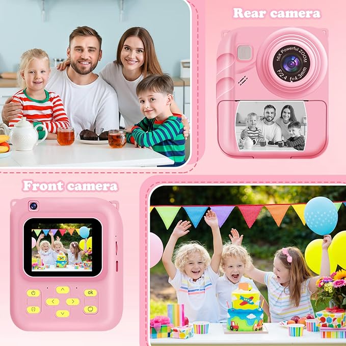 Instant Print Camera for Kids, 1080P Video Camera with 3 Print Rolls, 32GB Card & Cute Cover, Gift for Girls Boys Age 3-12, Toddler Digital Camera with Games, Filters, Music – Pink