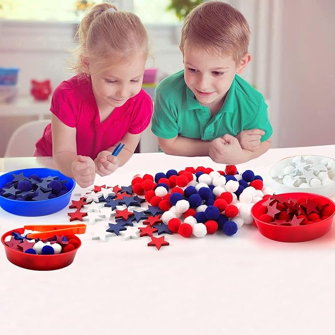 142pcs Fine Motor Skills Counting Sorting Sensory Bin Filler -100pcs Pompoms 30 Pcs Wooden Stars 5 Cups 4 Tweezers 2 Scissors 1pcs Storage Bag for Early Education Train (Blue White)