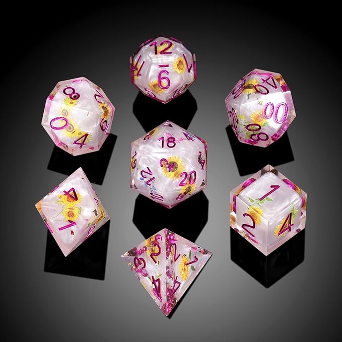 Resin Dice Set DND,DNDND Handmade Resin Sharp Edge Die with Gift Case for D&D Dungeons and Dragon Games (Flowers and Butterflies)