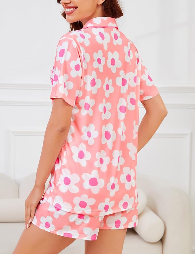 SWOMOG Womens Button Down Pajamas Set Short Sleeve Sleepwear Bride Soft Pj Lounge Sets XS-3XL