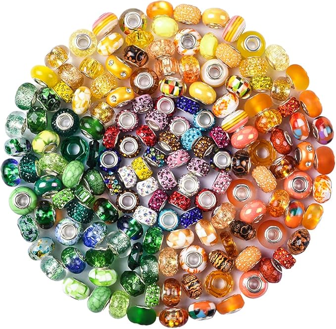 Aipridy Assortment European Large Hole Beads Spacer Beads Rhinestone Craft Beads for DIY Charms Bracelet Jewelry Making (Green-Orange-Lemon)