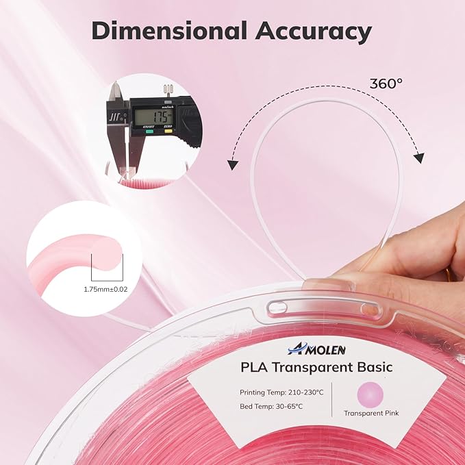 AMOLEN 3D Printer Filament Crystal PLA Transparent 1.75mm, Crystal Pink Clear Printing, Low Warping & No-Bubbles, Dimensional Accuracy +/- 0.02 mm, Fits Most FDM 3D Printers, 1kg Spool(2.2lbs)