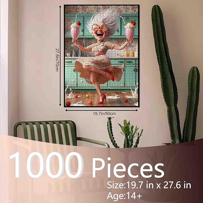Grandma Dancing Puzzles for Adults 1000 Pieces Strawberry Sundaes DIY Handwork Puzzles Art Jigsaw Puzzles for Home Decoration Difficult and Challenge Large Puzzle Family Games Unique Gift