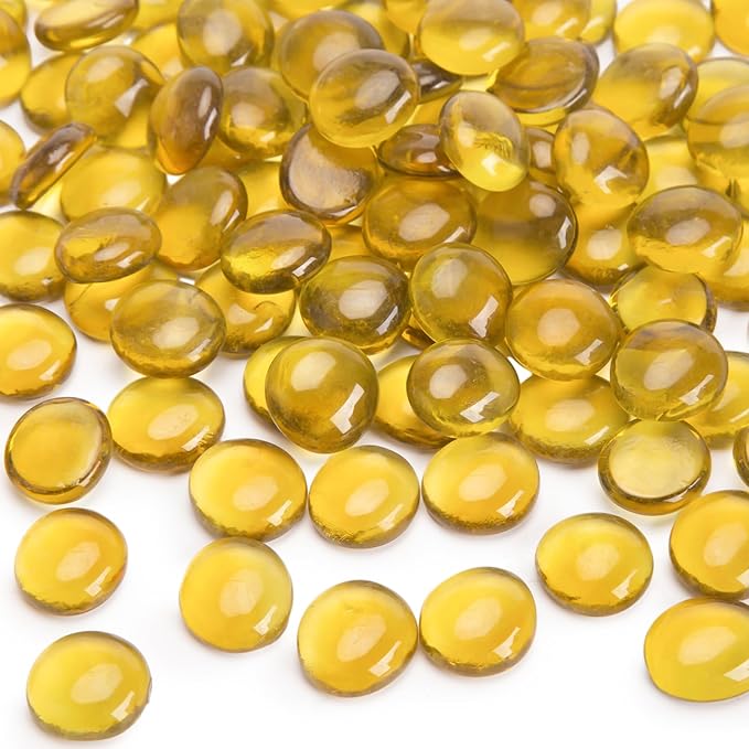 FUTUREPLUSX 5Lb Flat Glass Marbles, Amber Yellow Vase Filler Beads Flat Gems Decorative Glass Stones for Table Scatter Hydroponic Plant Decor