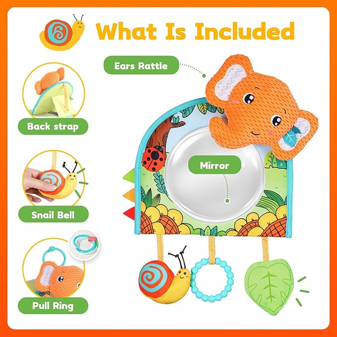 Baby Car Seat Toys - Mirror, Teether & Crinkle Paper - Rear Facing & Tummy Time - Fun Travel Toy
