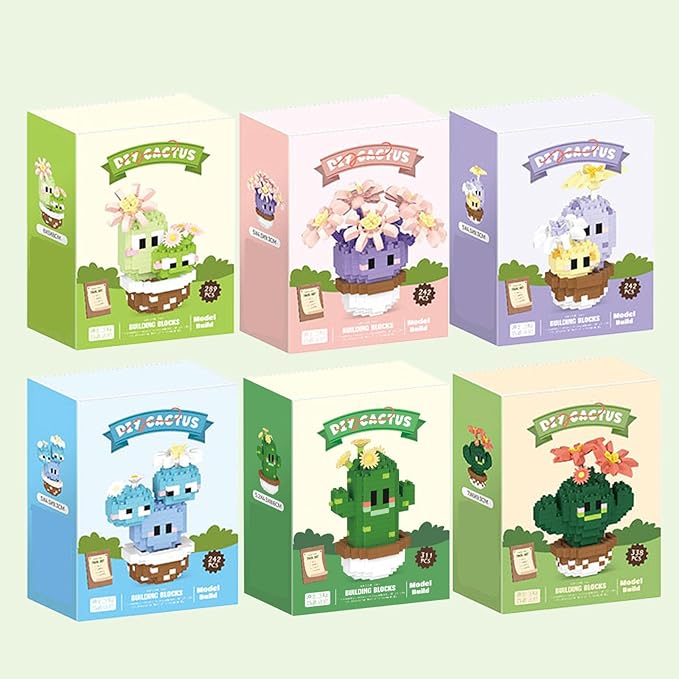 Flowers & Cactus Building Sets for Adults, 6 Pack Succulents Bonsai Décor Model Kits, Tiny Plants Party Favors For Kids 8-12, Goodie Bag Stuffers, Prize Box Toys Gifts for Kids, Botanical Lovers