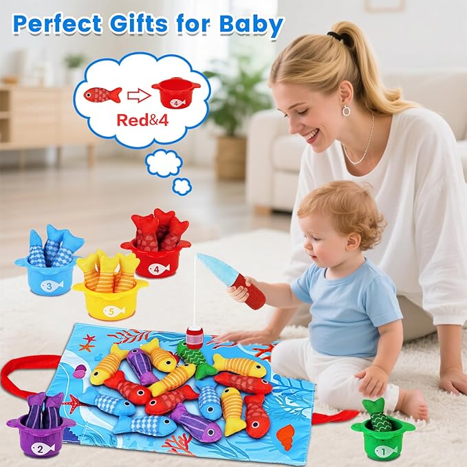 Montessori Toys for 1 Year Old Boy Girl - Toddler Toys Cloth Fishing Game with Stacking Cups - Sorting Learning Baby Toy 12-18 Months One Year Old Boys Girls First Birthday Gifts for 1 2 Year Old