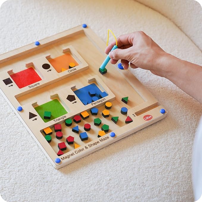 LiKee Strong Magnetic Maze, Montessori Toys for 1 2 3 Years Old Boy Girl, Wodden Puzzle Develop Fine Motor Skills, Kids Travel Airplane Activity, 1-5 Preschool Learning Shape & Color