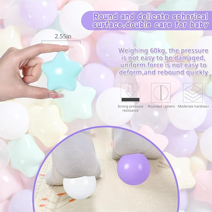 Ball Pit Balls Pack of 100 200 500 - Star and Round Set BPA Free Phthalate Free Non-Toxic Crush Proof Play Balls Soft Plastic Balls for Toddlers Baby Kids Birthday Pool Tent Party