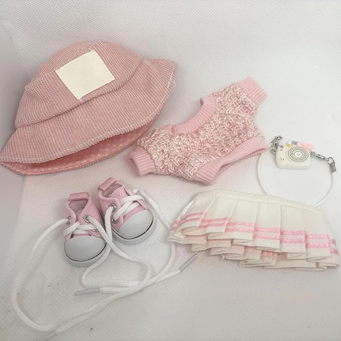 Clothes for 17cm Doll (Clothes Only) – 5-Piece Outfit Set with Sweater, Skirt, Hat, Canvas Shoes and Camera Bag – 17cm Doll Accessories for a Cute and Stylish Look