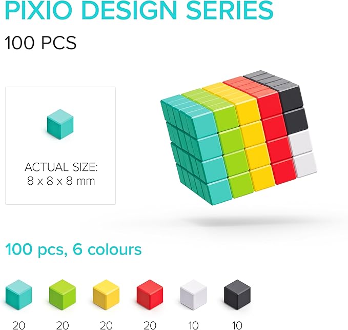 PIXIO-100 - Tiny Magnetic Blocks Building Toy in The Pixel Art Style with Free App - 5/16" Plastic Cubes with 6 Magnets Inside - Open Ended Toy - Creativity Toy for Ages 6+