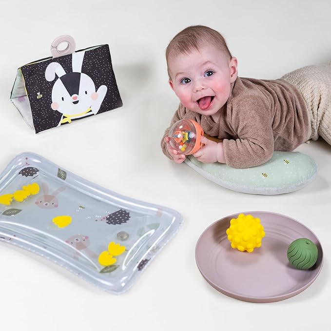Taf Toys Baby Tummy Time Kit - High Contrast Black and White Crinkle Book, Support Pillow, Activity Water Mat, Sensory Balls, Plate - Newborn Infant Sensory Toy Set