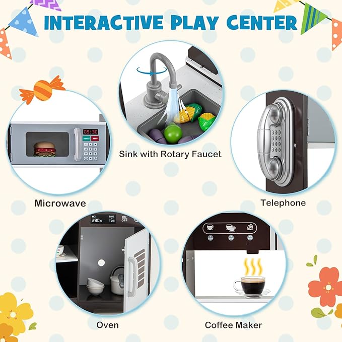 Costzon Corner Kids Kitchen Playset, Wooden Toy Kitchen Set with Range Hood, Ice Maker, Pretend Telephone, Sink, Faucet, Microwave, Oven, Play Kitchen with Lights and Sounds for Toddlers (Brown)