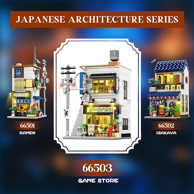 Reobrix Japanese Game Store Building Blocks 66503, Creative Japanese Toys Model Set, 2 in 1 Street View House with Lighting, Ideal Collectible Gift Choice for Adults 14+