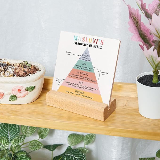 Mental Health Decor for Women, Therapist Office Desk Plaque, Book Center Playroom Calming Corner Sign Decorations, Maslow's Hierarchy of Needs Sign Wooden