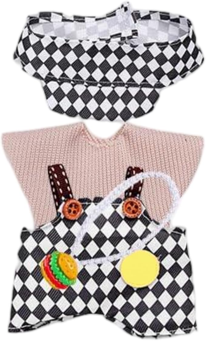 Doll Clothes for 17cm Figures, Black and White Checkerboard Overalls‌ Paired with a ‌Checkered Bucket Hat