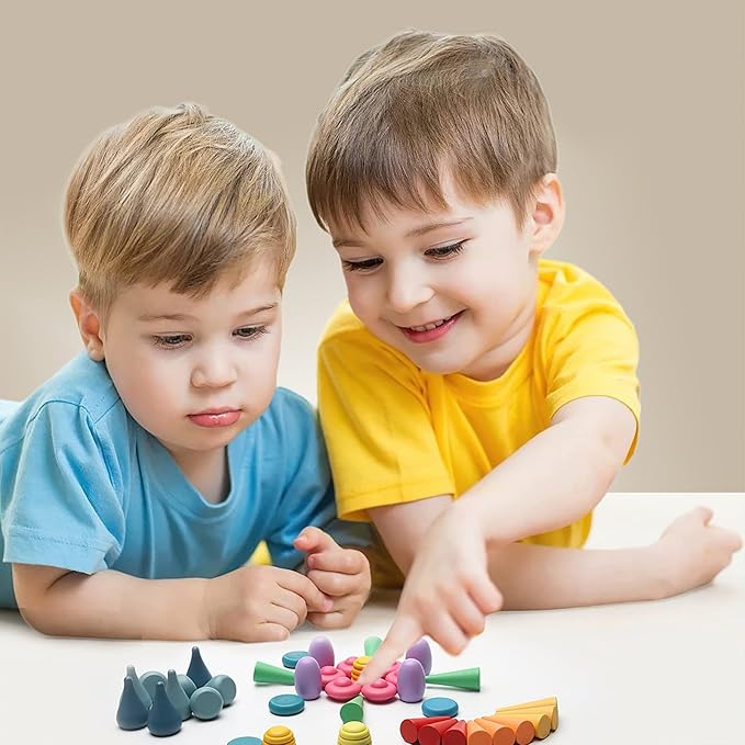 MIKNEKE 162 Wooden Loose Parts Sensory Bin Filler, Mandala Rainbow Stacker Open Ended Toy, 27 Colors Sensory Training Educational Set
