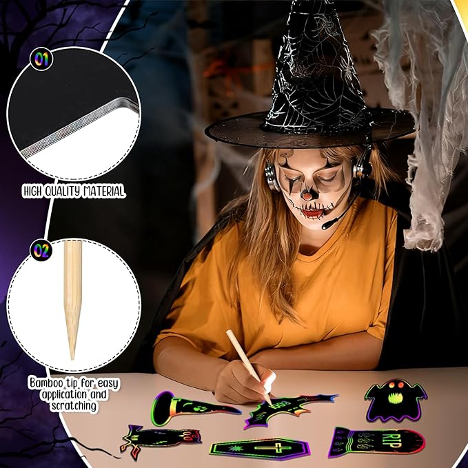 Qilery 120 Pcs Fall Halloween Scratch Paper Off Cards Magic Pumpkins Scratch Off Paper Craft Art Activities Rainbow Black Fun for Thanksgiving Party Ornaments DIY Education Game(Spooky Style)