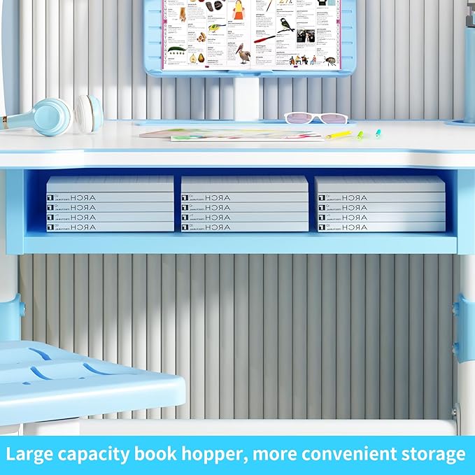 2025 NEW Kid's Study Desk and Chair Set, Ergonomic Height Adjustable Children Study Desk with Tilt Desktop, Book Stand, Light, Metal Hook and Storage Drawer,Gift for Boys Girls (Blue 70cm light)