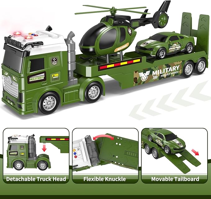 Kids Toys for Ages 3 4 5 6 7 8 Years Old Boys, 25" Large Army Semi Truck with Helicopter & Race Car, Friction Powered Vehicle with Lights & Sounds,Birthday Gift for Boys Girls