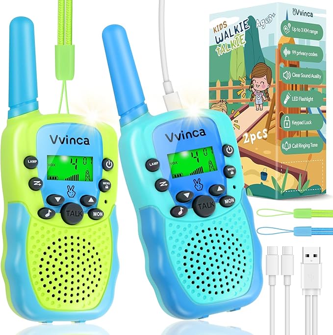 Vvinca Rechargeable Walkie Talkies for Kids 2 Pack, 5-7 Year Old Boy Toys Long Range 22 Channels 2 Way Kids Walkie Talkie with Flashlight for Camping Hiking Indoor Outdoor 3 4 5 6-12 Girl Boy Gift