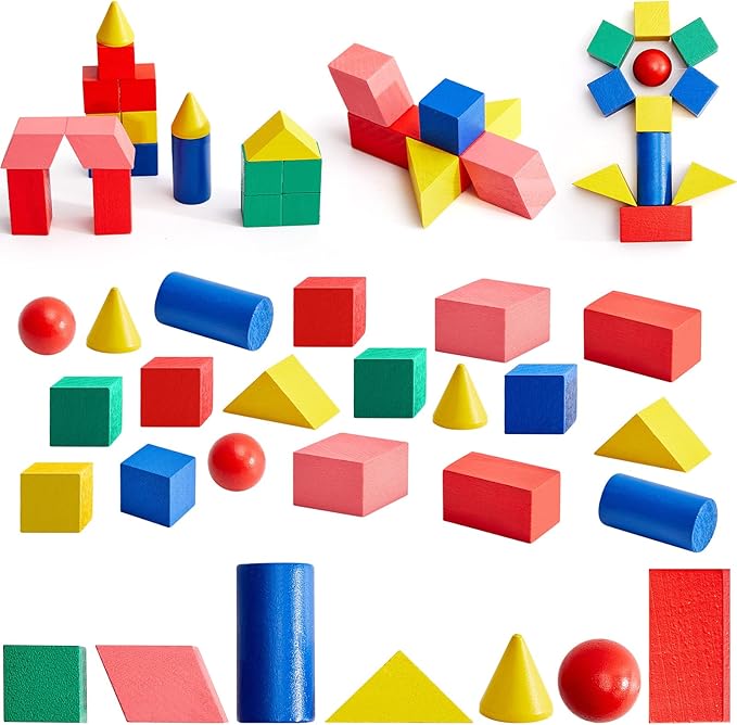Deekin 70 Pcs Wood Geometric Solid Mini 3D Shapes for Teaching Classroom Manipulatives for Elementary School, Geometric Shapes 3D Block for Kid Geometry Math Kindergarten Preschool Learning (Geometry)