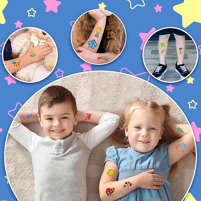 Partywind 204 Glitter Styles Individually Wrapped Sheets Kids Fake Tattoos, Birthday Surprise for Boys and Girls Party Supplies Favors, Waterproof Tattoo Stickers for Goodie Bag Stuffers