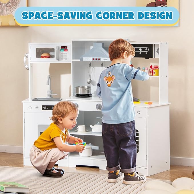 Costzon Corner Kids Kitchen Playset, Wooden Toy Kitchen Set with Range Hood, Ice Maker, Pretend Telephone, Sink, Faucet, Microwave, Oven, Play Kitchen with Lights and Sounds for Toddlers (White)