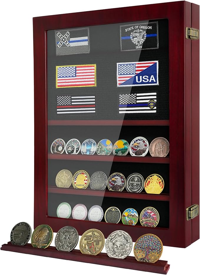 Military Challenge Coin Display Case 6 Rows Wooden Army Coin Holder with HD Tempered Glass Lockable Coin Wall Dsplay Box with Removable Shelves, Red