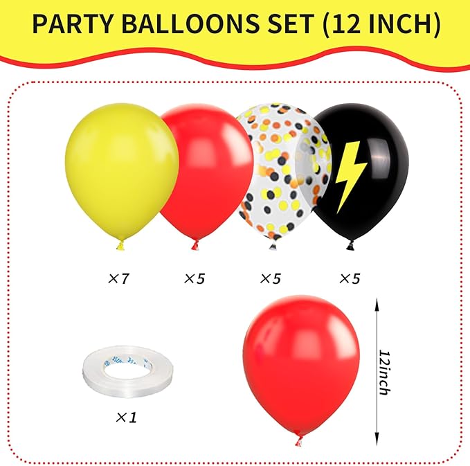 Red Black Yellow Balloons,12inch Balloons Lightning Printed Party Balloons Confetti Black Yellow Decoration for Boy Girls Cartoons Themed Party Birthdays Baby Showers Holiday Party