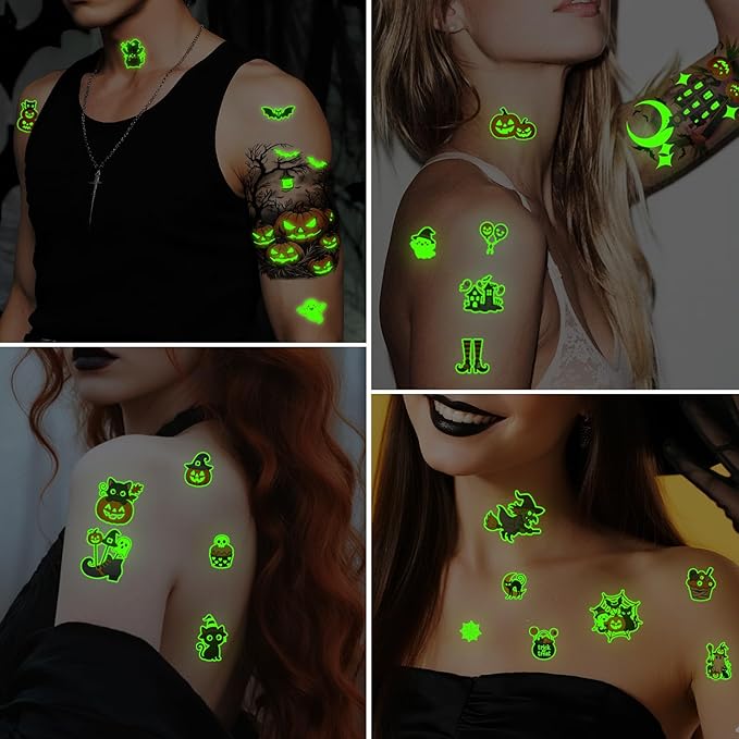 39PCS Glow in The Dark Halloween Temporary Tattoos Adult Kids, 9PCS Realistic Half Sleeve Pumpkin Bat Crow Skull Fake Tattoos, 30PCS Luminous Spider Cat Ghost Tiny Face Body Stickers Party Supplies
